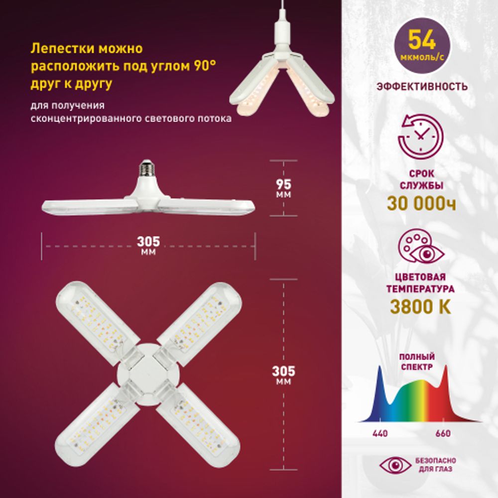 Фитолампа для растений светодиодная ЭРА FITO-36W-Rа90-E27-FOLD 4-х лепестковая полного спектра 36 Вт Е27 | Фитолампы Е27