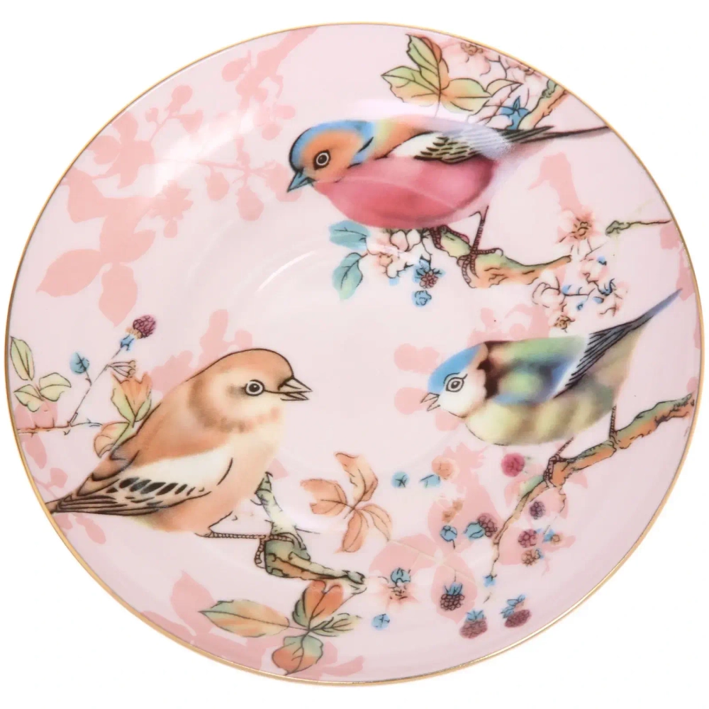 Чайная пара «Royal classic» (кружка 200мл+блюдце) Пейзаж розовый птицы, в подарочной коробке