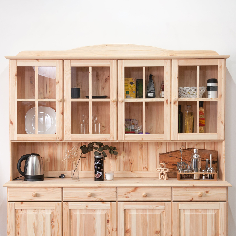 Шкаф витрина 174х28х109, Лена, стеклянная для посуды, буфет 4-дверный, с полками (верхняя часть буфета Лена), массив сосны, в натуральной отделке, Dipriz