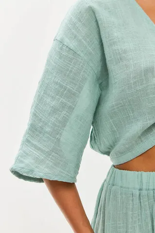 Блуза с завязками из хлопка stone wash мятного цвета