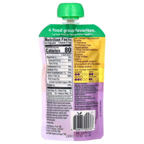 Plum Organics, Mighty 4, смесь 4 Food Group, крупа, банан, голубика, батат, морковь, греческий йогурт, просо, 113 г (4 унции)