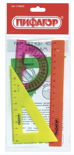 Набор чертежный малый, 4предм.: линейка 16см, 2 треугольника, транспортир, неоновый (ПИФАГОР)