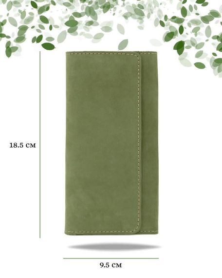 Фото функционального кошелька Классического из зеленой кожи косатка Инфографика Размеры