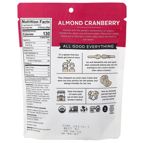 Emmy's Organic Cookies, Trail Cookies, запеченные овсяные лакомства, миндаль и клюква, 113 г (4 унции)