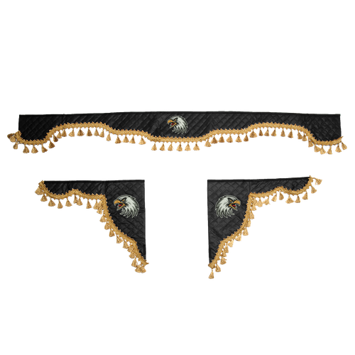 Ламбрекен с косынками универсальные стеганые Орел (экокожа, черный, золотые кисточки)