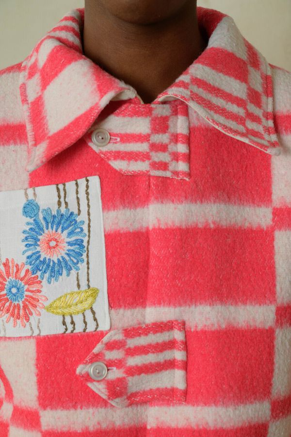 Куртка Клетчатая Шерстяная / Flowers Pocket розовая - фото 5