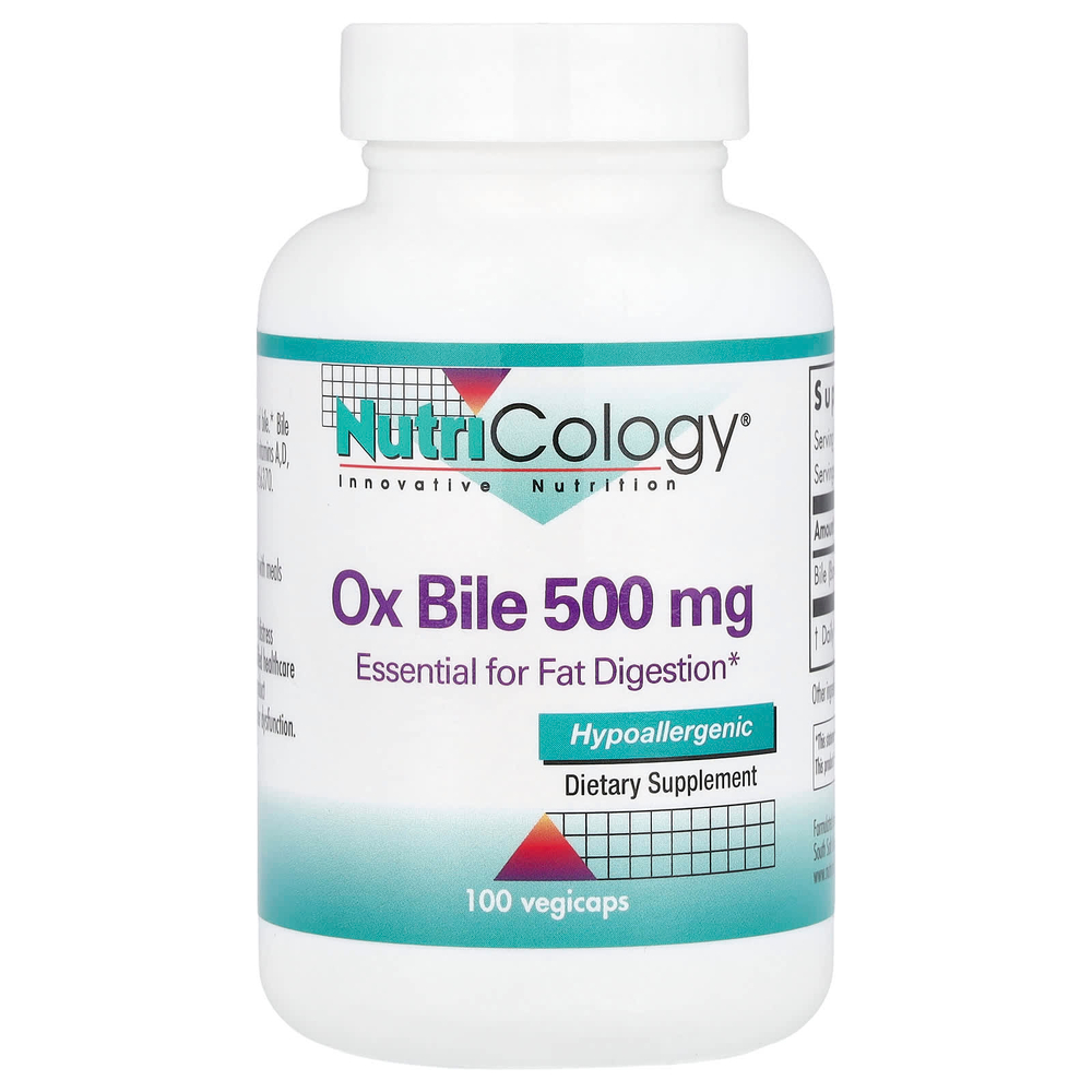 Nutricology, бычья желчь, 500 мг, 100 растительных капсул