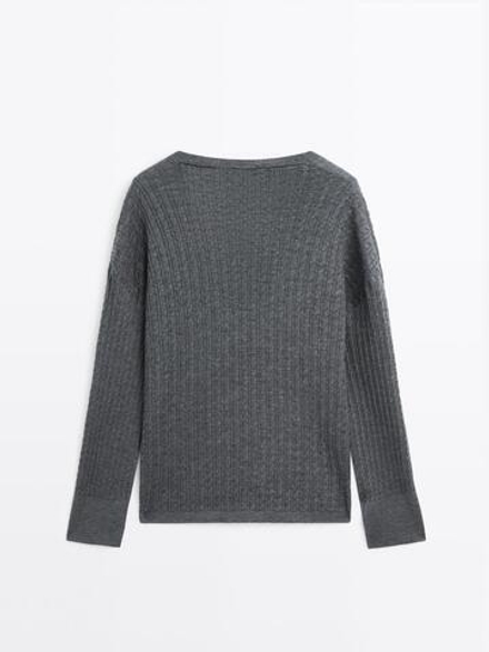 Massimo Dutti Свитер косовой вязки с V-образным вырезом, серый