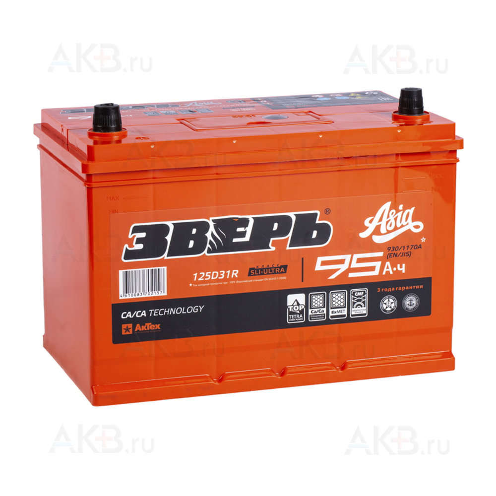 Аккумулятор 6СТ-95 А.ч., о.п., R+, ЗВЕРЬ ASIA