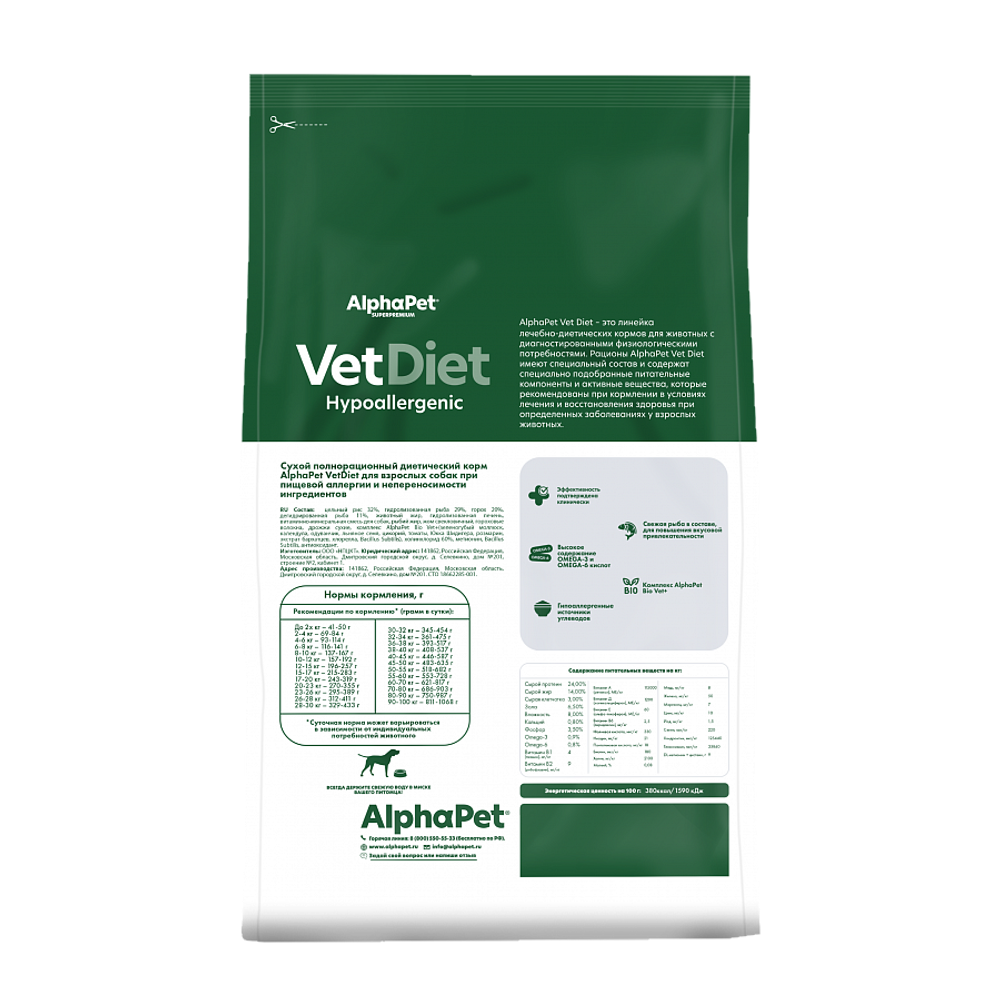 Сухой диетический корм AlphaPet VetDiet HYPOALERGENIC для взрослых собак всех пород при пищевой аллергии и непереносимости ингредиентов