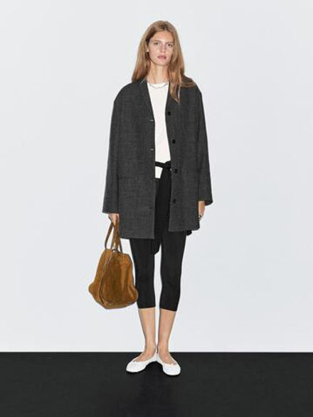 Massimo Dutti Пальто из смесовой шерсти средней длины с лацканами, серый
