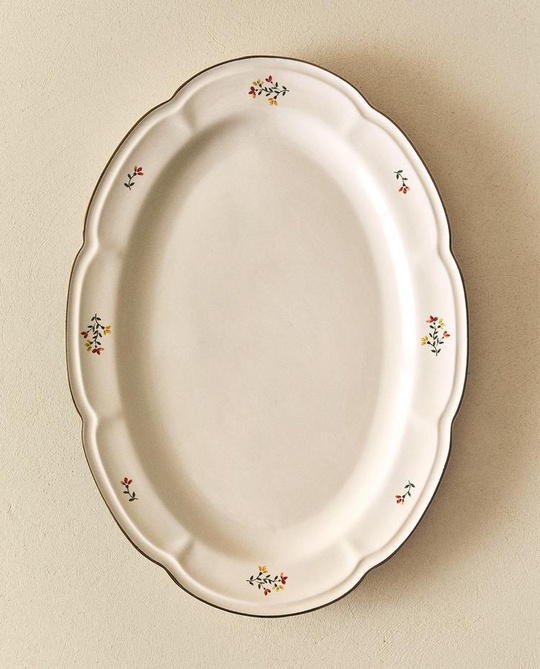 ZARA HOME БЛЮДО ИЗ ФАРФОРА С ЦВЕТОЧНЫМ РИСУНКОМ, КРЕМОВЫЙ