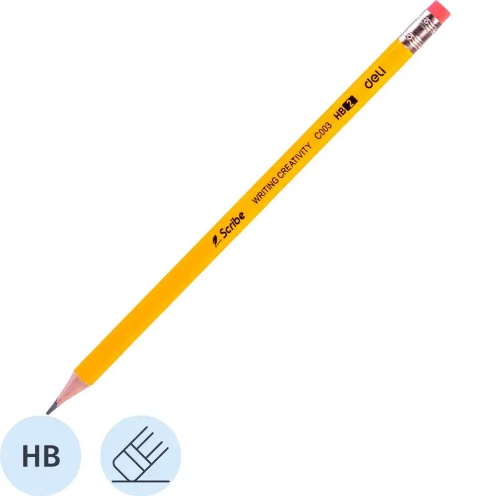 Карандаш чернографитный Deli Scribe HB 6-гр, с ластиком, желтый EC003-HB