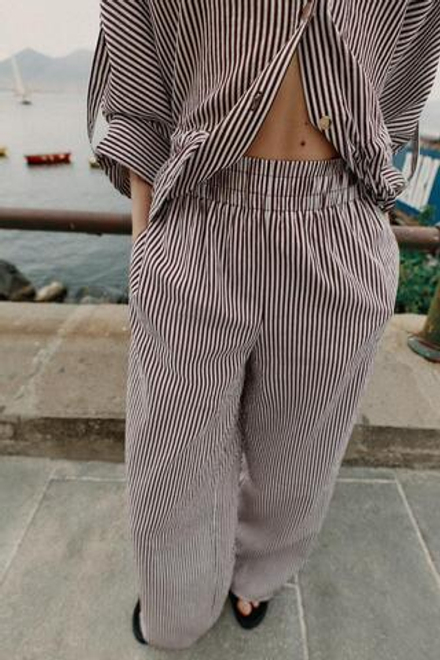 ZARA ШИРОКИЕ БРЮКИ В ПОЛОСКУ, КОРИЧНЕВЫЙ/БЕЛЫЙ