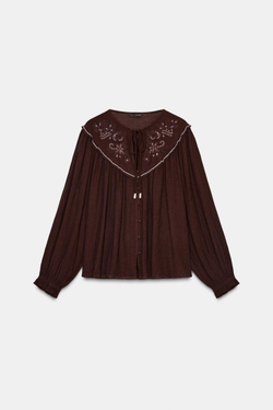 ZARA БЛУЗА С ВЫШИВКОЙ И БИСЕРОМ, БАКЛАЖАННЫЙ