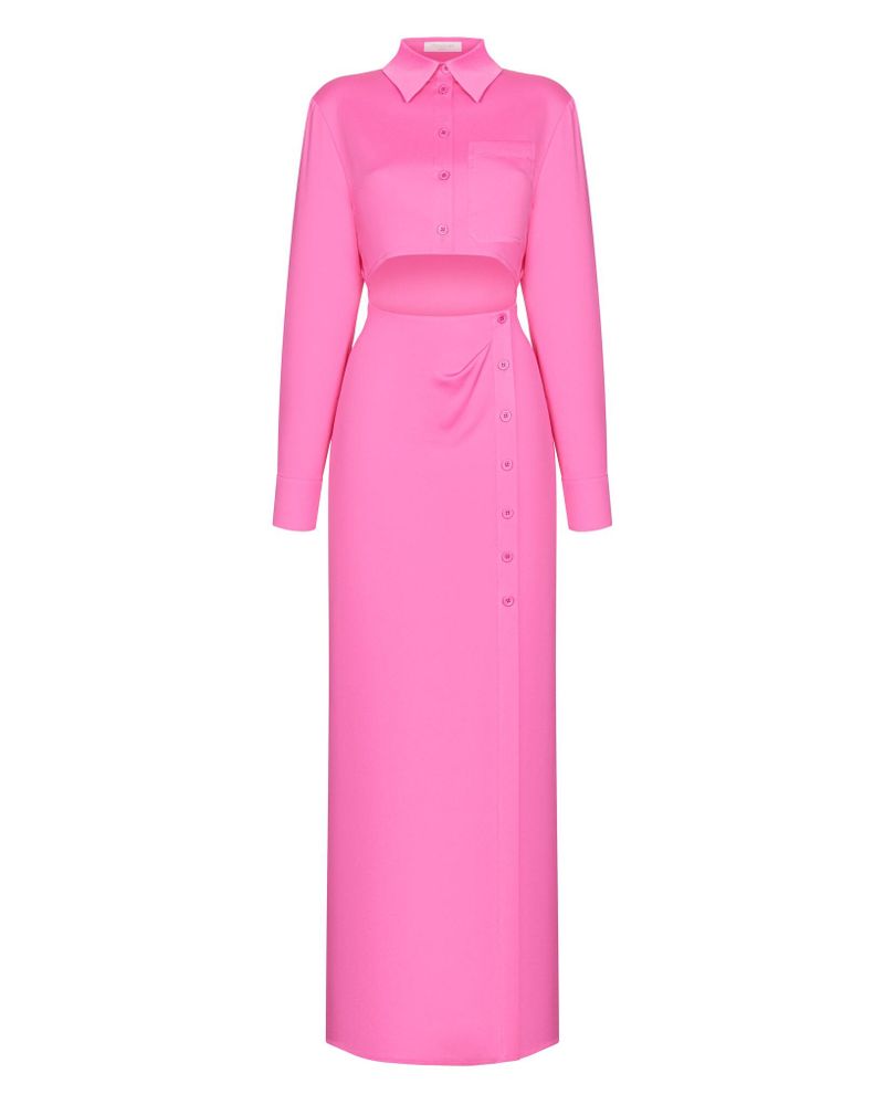 Платье мини с рукавом из сатина с розой на груди и бретелями, светло-розовый