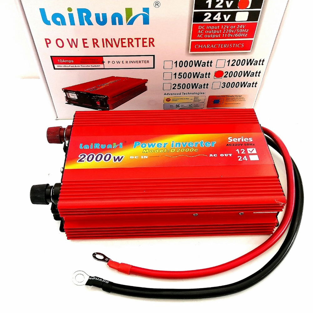 2000W (12V) / Инвертор (12 вольт) напряжения LaiRun 12-220V 2000W (12 вольт) (1.85кг, 29х21.5х10)