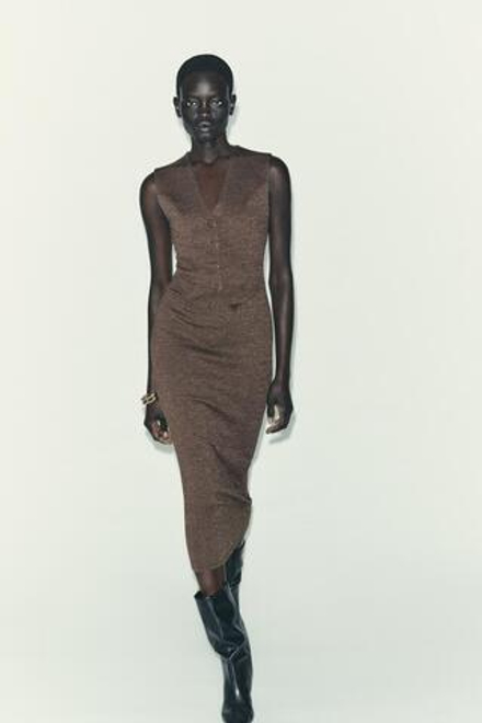 ZARA ПЛАТЬЕ МИДИ С ПУГОВИЦАМИ, КОРИЧНЕВЫЙ МЕЛАНЖ