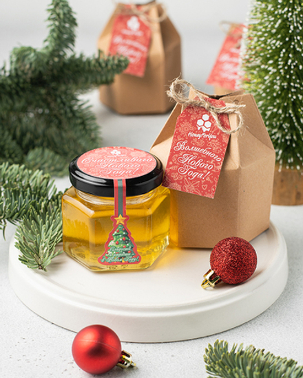 Новогодний подарочный мед, 6 баночек по 140 грамм в подарочной коробочке с поздравительной биркой
