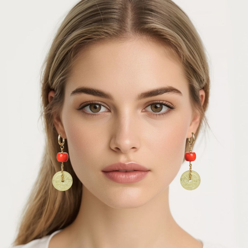 Серьги с кораллом и монетой счастья