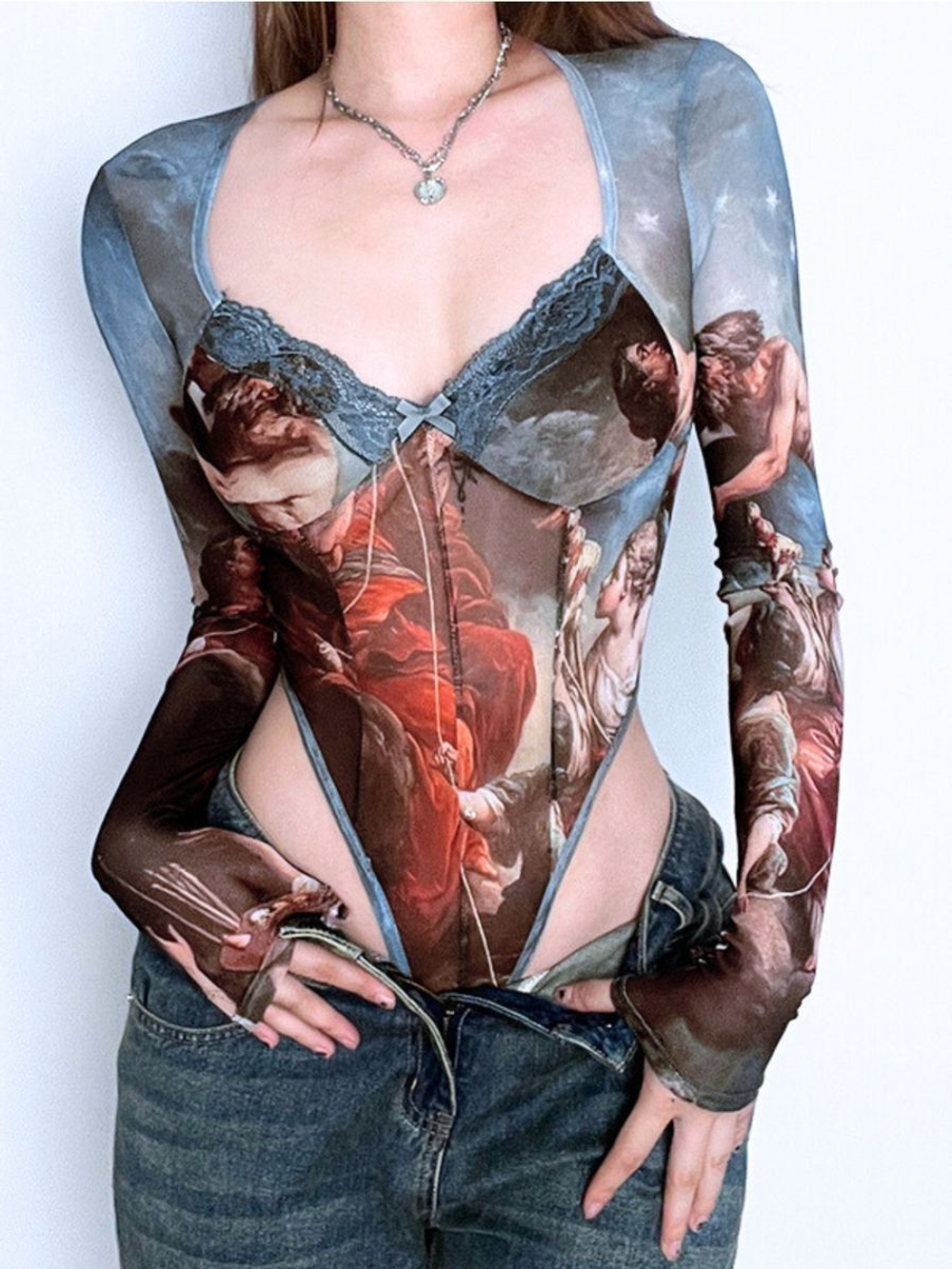 Боди y2k с длинным рукавом с бантиками