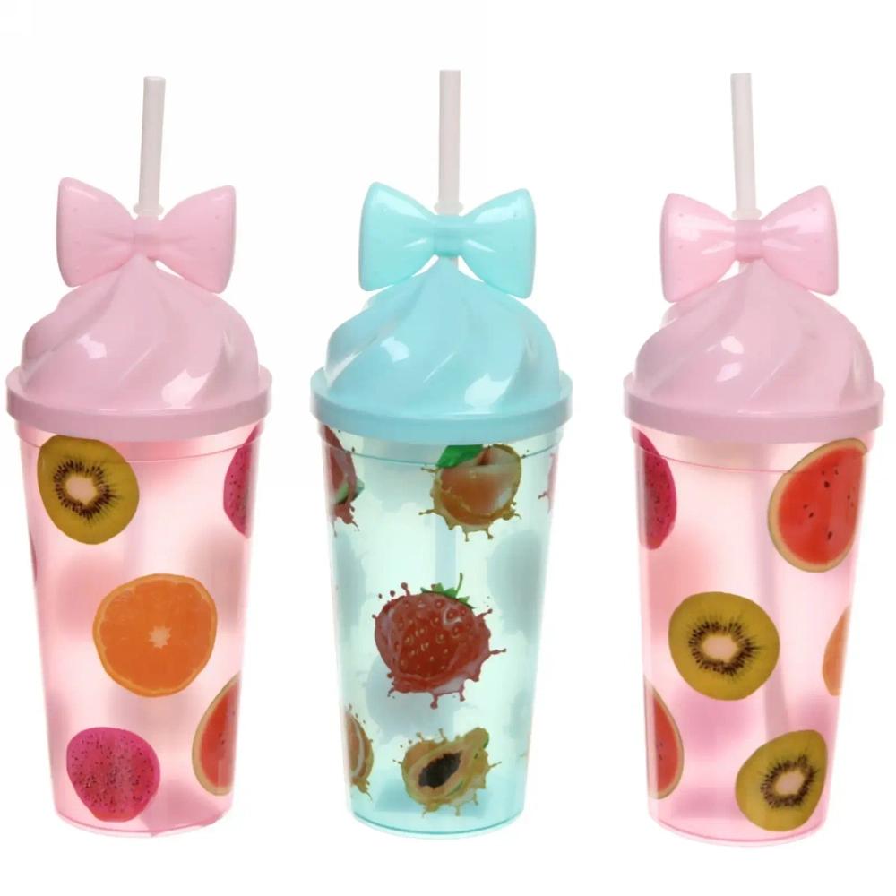 Стакан пластиковый 400мл «Фрукты экзотические» с трубочкой