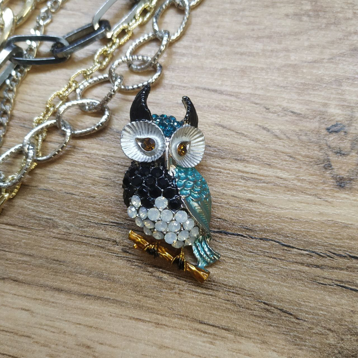 Брошь-кулон Сова эмаль стразы цвет голубой черный эмаль цветная серебристый