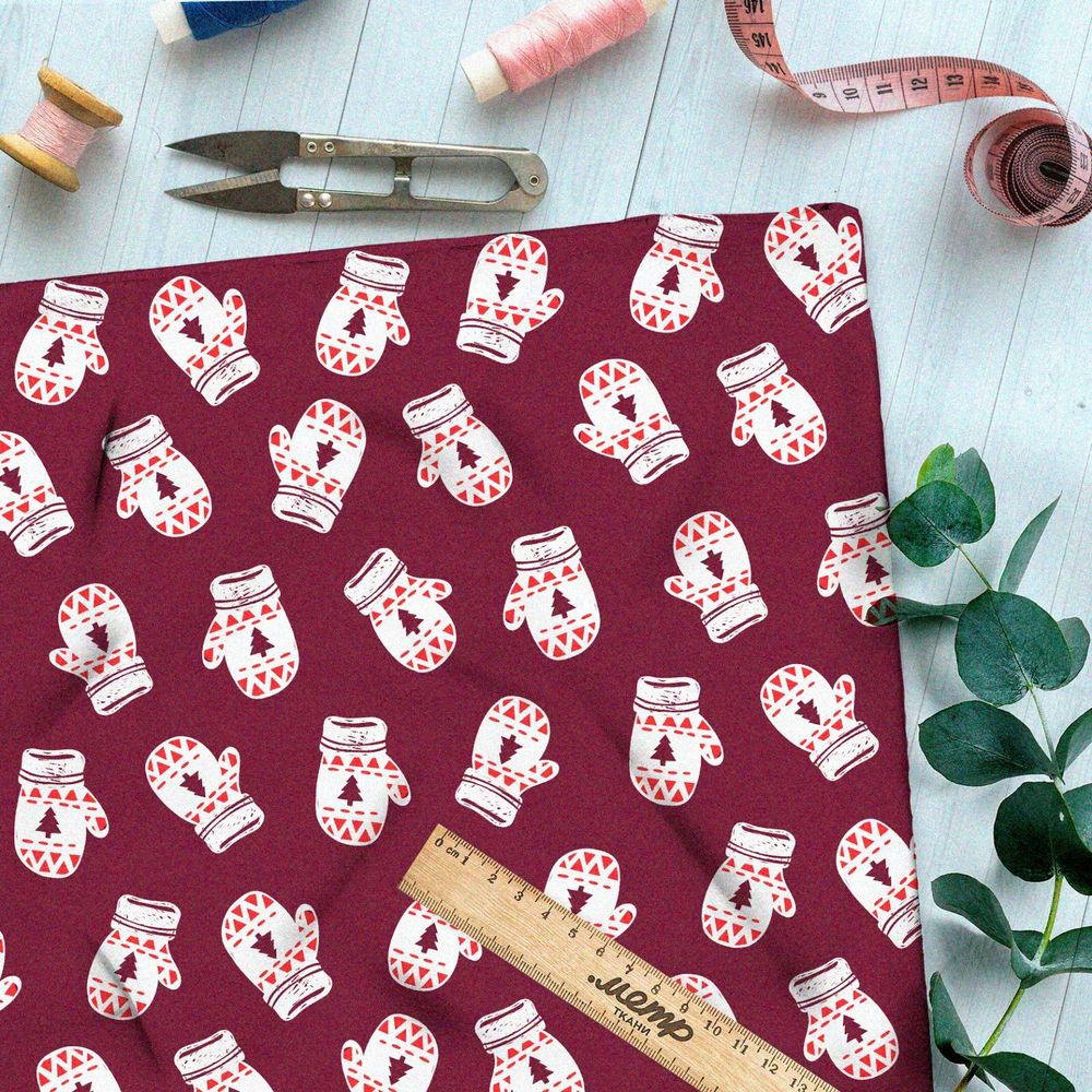 Ткань шелк Армани белые варежки на бордовом фоне