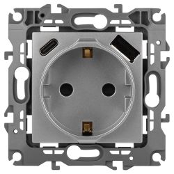 Розетка ЭРА Серия 12 12-4108-03 2P+E 16A-250В со шторками с USB type-A+C 5В-3А алюминий | Эра 12