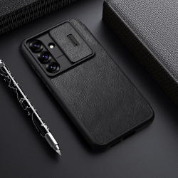 Кожаный чехол книжка черного цвета от Nillkin для Samsung Galaxy S25, серия Qin Pro Leather с сдвижной защитной шторкой для камеры