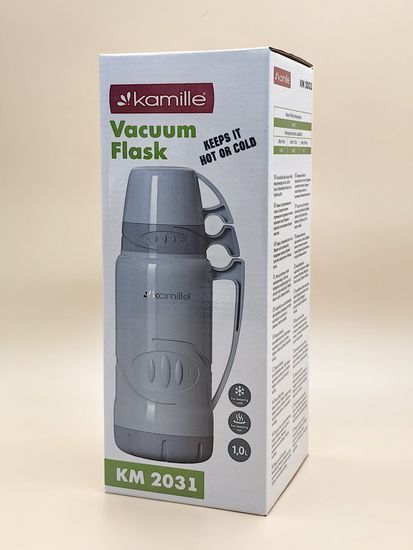 Термос 1 л. со стеклянной колбой Kamille KM 2031 пластиковый, 2 чашки