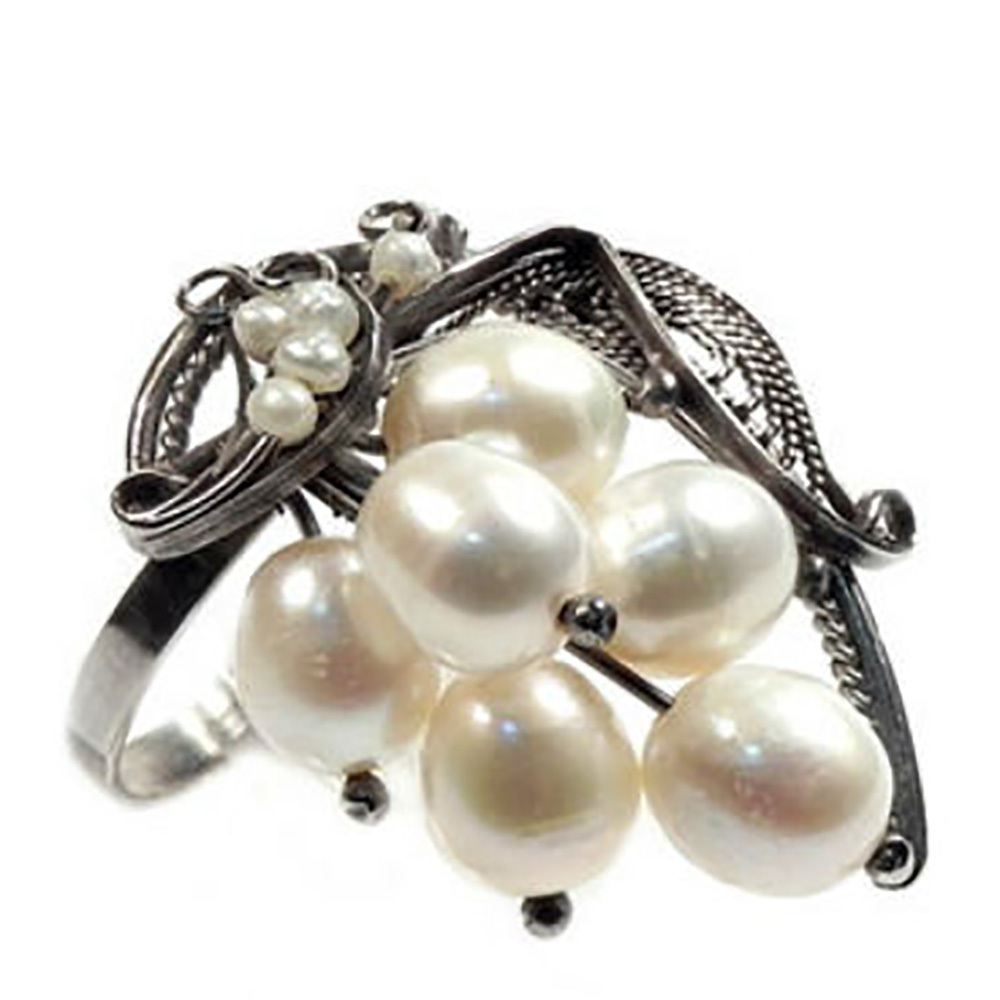 Кольцо "Гроздь" жемчуг белый, скань