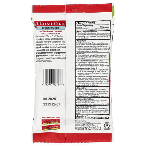 Traditional Medicinals, Organic Throat Coat®, леденцы от кашля с эвкалиптом и мятой, 16 шт.