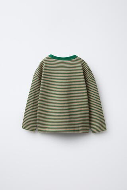 ZARA ФУТБОЛКА HEAVY WEIGHT В ПОЛОСКУ, ЭКРЮ/ЗЕЛЕНЫЙ