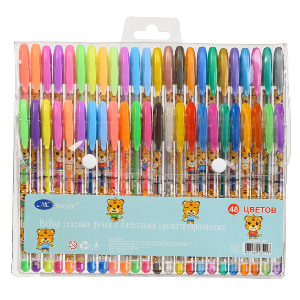 Ручка гелевая, Basir, цветные чернила, серия "Тигры", ароматизированная с блёстками, 48 шт