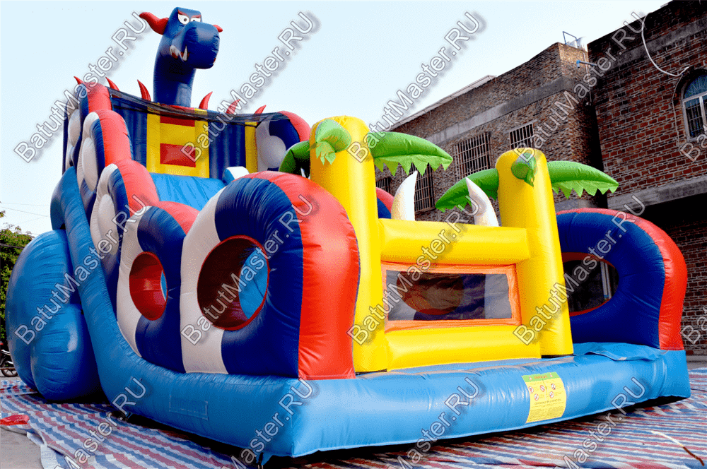 Коммерческий надувной батут-горка "Дракон" 10*5*8 м,без шипов сине-белый