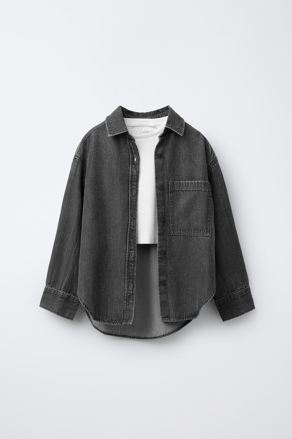 ZARA КОМПЛЕКТ: ДЖИНСОВАЯ РУБАШКА И ФУТБОЛКА В РУБЧИК, ЧЕРНЫЙ