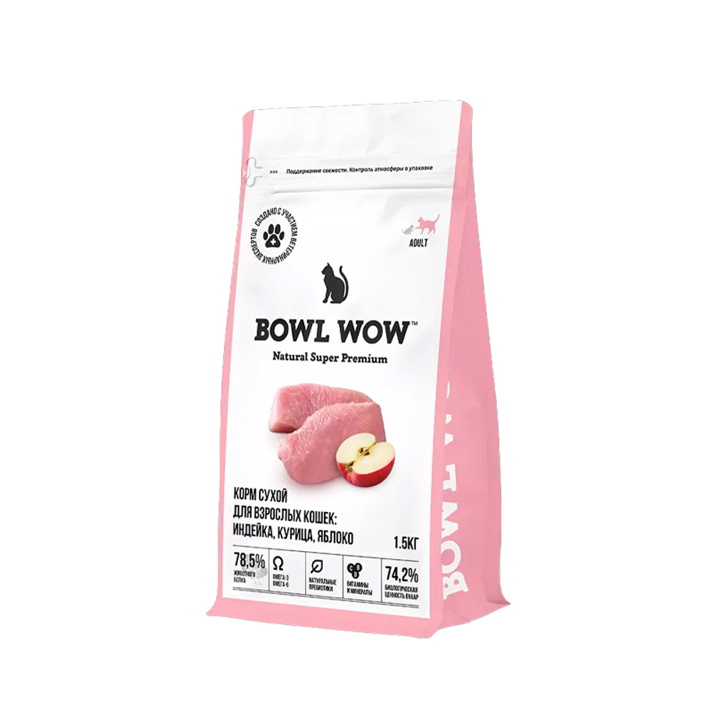 Сухой корм для взрослых кошек Индейка, курица, яблоко BOWL WOW 1,5 кг