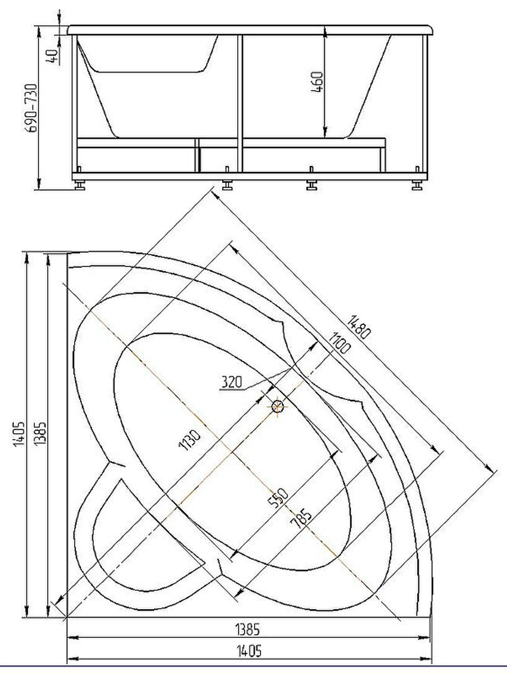 Акриловая ванна Aquatek (Акватек) Поларис-1 140х140, с каркасом, с фронтальной панелью, со сливом-переливом