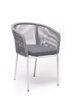 "Марсель" стул плетеный из роупа, каркас алюминий белый муар, роуп светло-серый круглый, ткань светло-серая