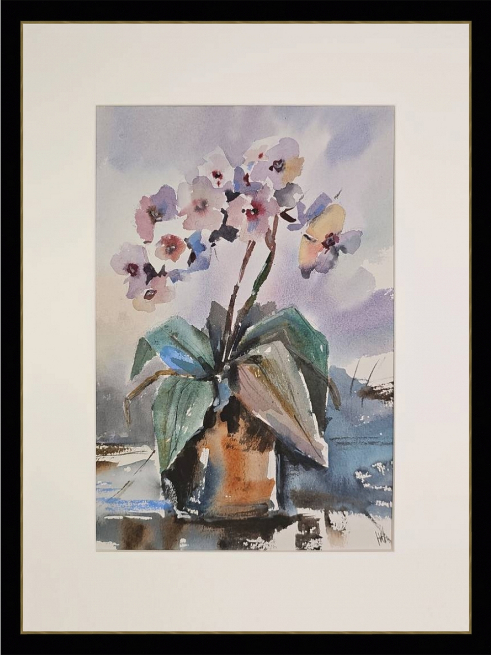 Картина авторская акварельная в паспарту 30х40 см на стену для интерьера "Орхидея"