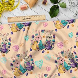 Ткань атлас пасхальные кролики с сердечками