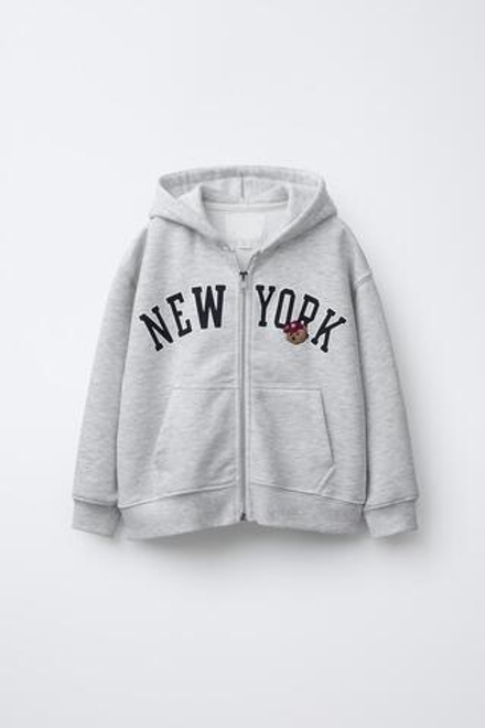 ZARA ТОЛСТОВКА НА МОЛНИИ С ВЫШИВКОЙ «МЕДВЕДЬ», СЕРЫЙ МЕЛАНЖ