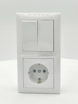 Блок Выключатель двухклавишный + розетка с заземлением скрытой установки BYLECTRICA СветоПрибор серия СТИЛЬ, белый, 2В-РЦ-693