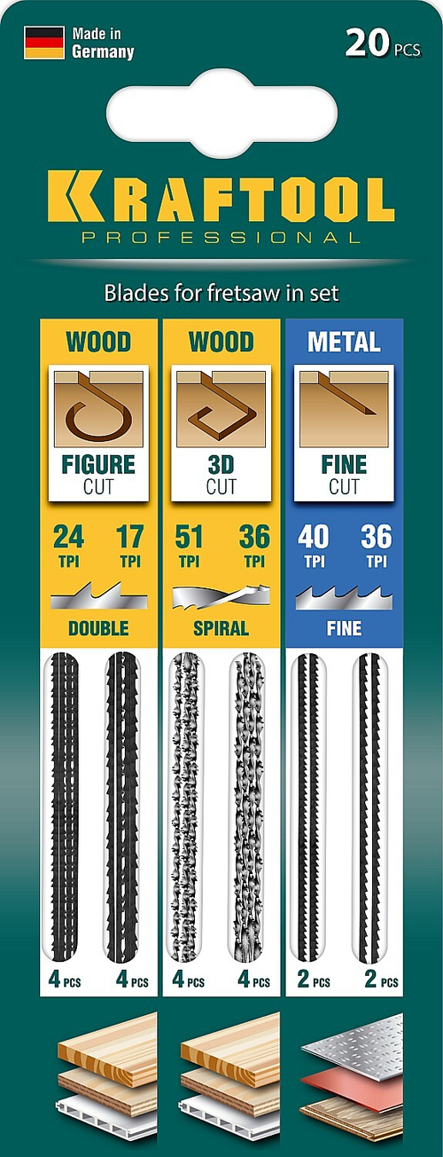 Набор полотен для лобз., двойной зуб: №3(4), №5(4), спиральн: №1(4), №3(4), по мет: №3(2), №5(2), 20шт, KRAFTOOL 15348-H20