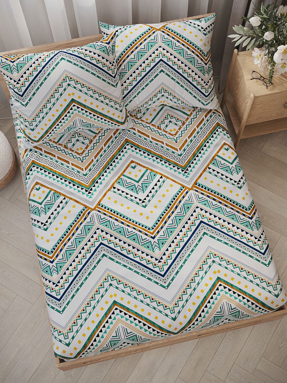 Постельное белье перкаль Сказка "Зигзаг" 1,5-сп Наволочка 50х70 см 1 шт Простынь на резинке 90x200 см Пододеяльник 145x215 см