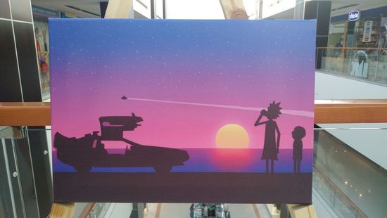 Современная картина на холсте Рик и Морти Де Лореан на закате