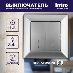 Выключатель Intro Solo 4-105-03 двухклавишный с подсветкой, 10А-250В, IP20, СУ, Solo, алюминий