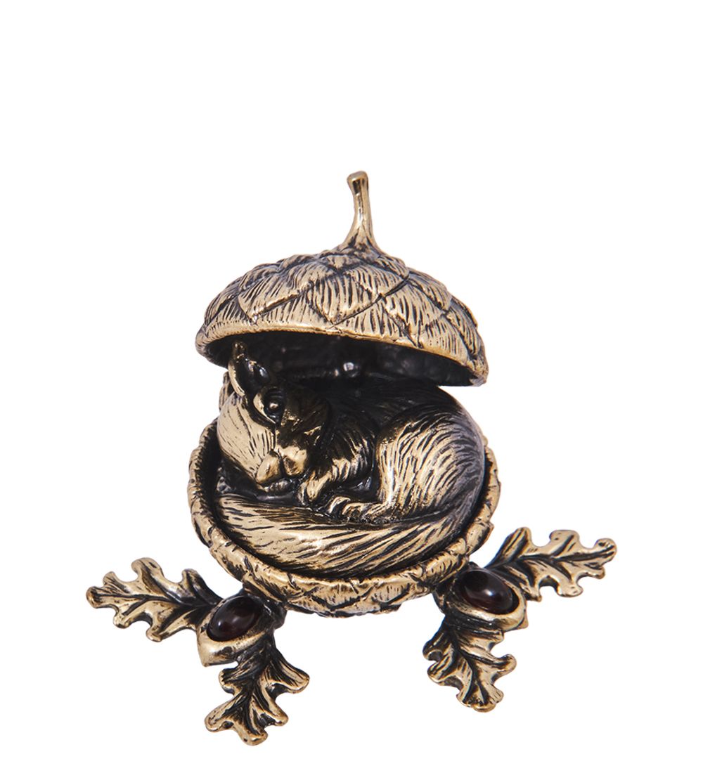 AM-4166 Шкатулка «Белочка в желуде» (латунь, янтарь)