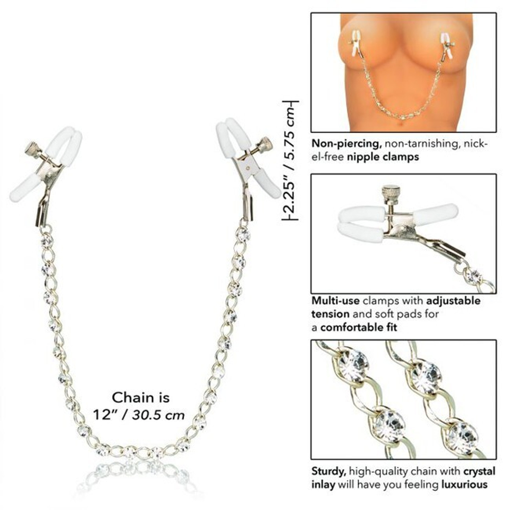 Регулируемые зажимы на соски с кристаллами Nipple Play Crystal Chain Nipple Clamps (Цвет: серебряный с белым)
